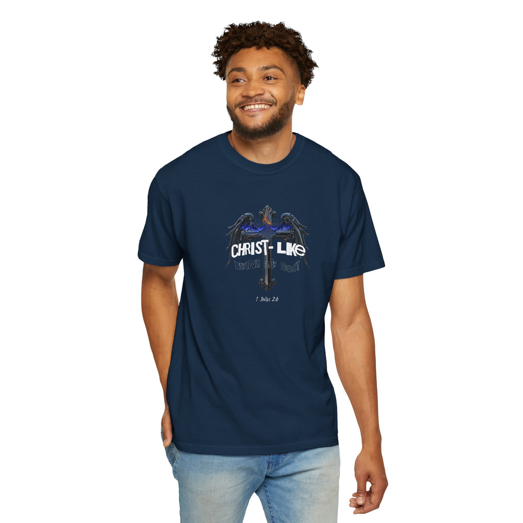 Man wearing a navy blue t-shirt with 'Highest Excitement' text on a white background