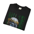 Black t-shirt with a unique design featuring green text and a celestial image on a white background