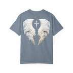 Gray t-shirt with white angel wings and a cross design on the back against a white background