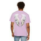 Person wearing a pink t-shirt with angel wings design on the back