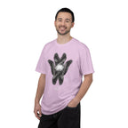 Man wearing a pink t-shirt with a graphic design on a white background