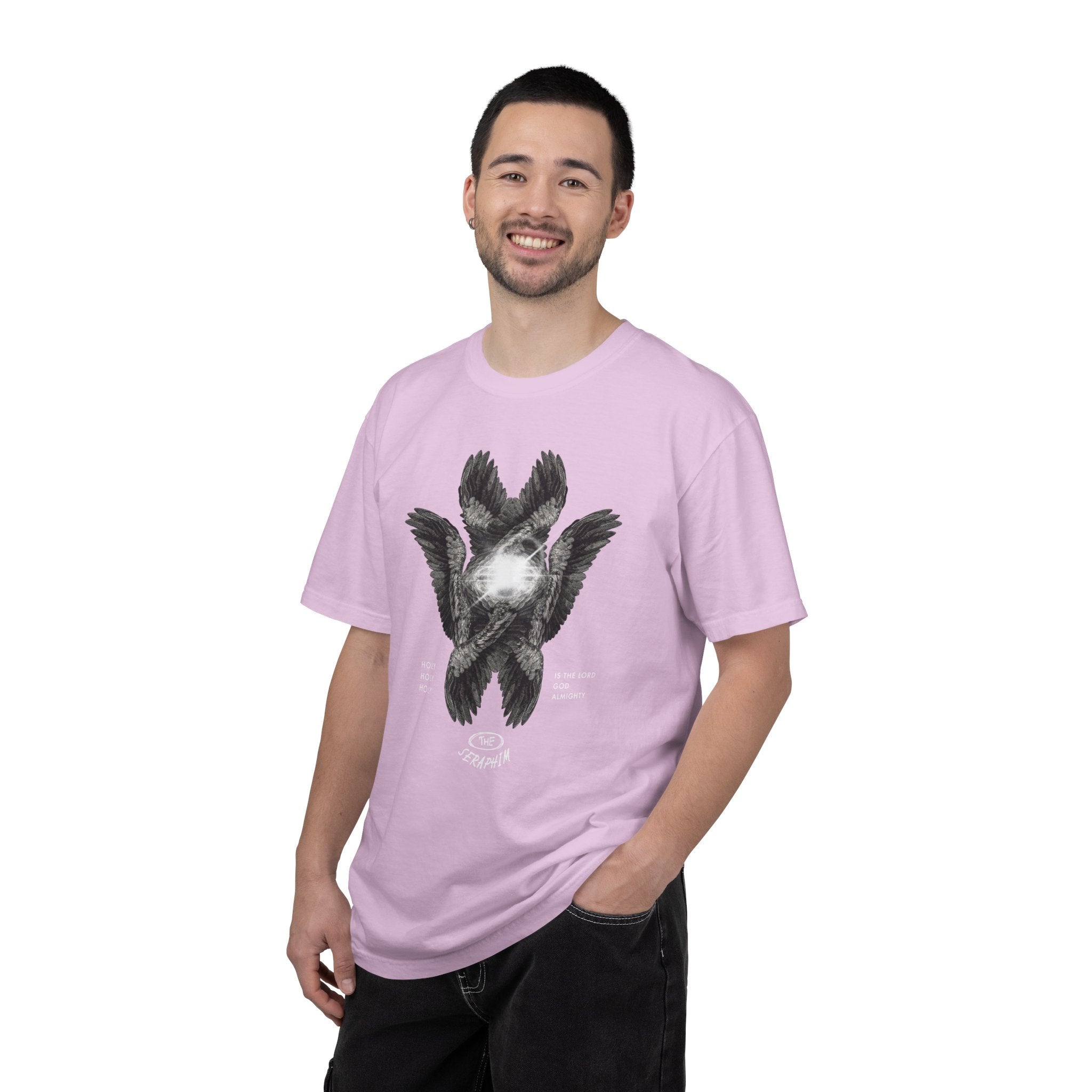 Man wearing a pink t-shirt with a graphic design on a white background
