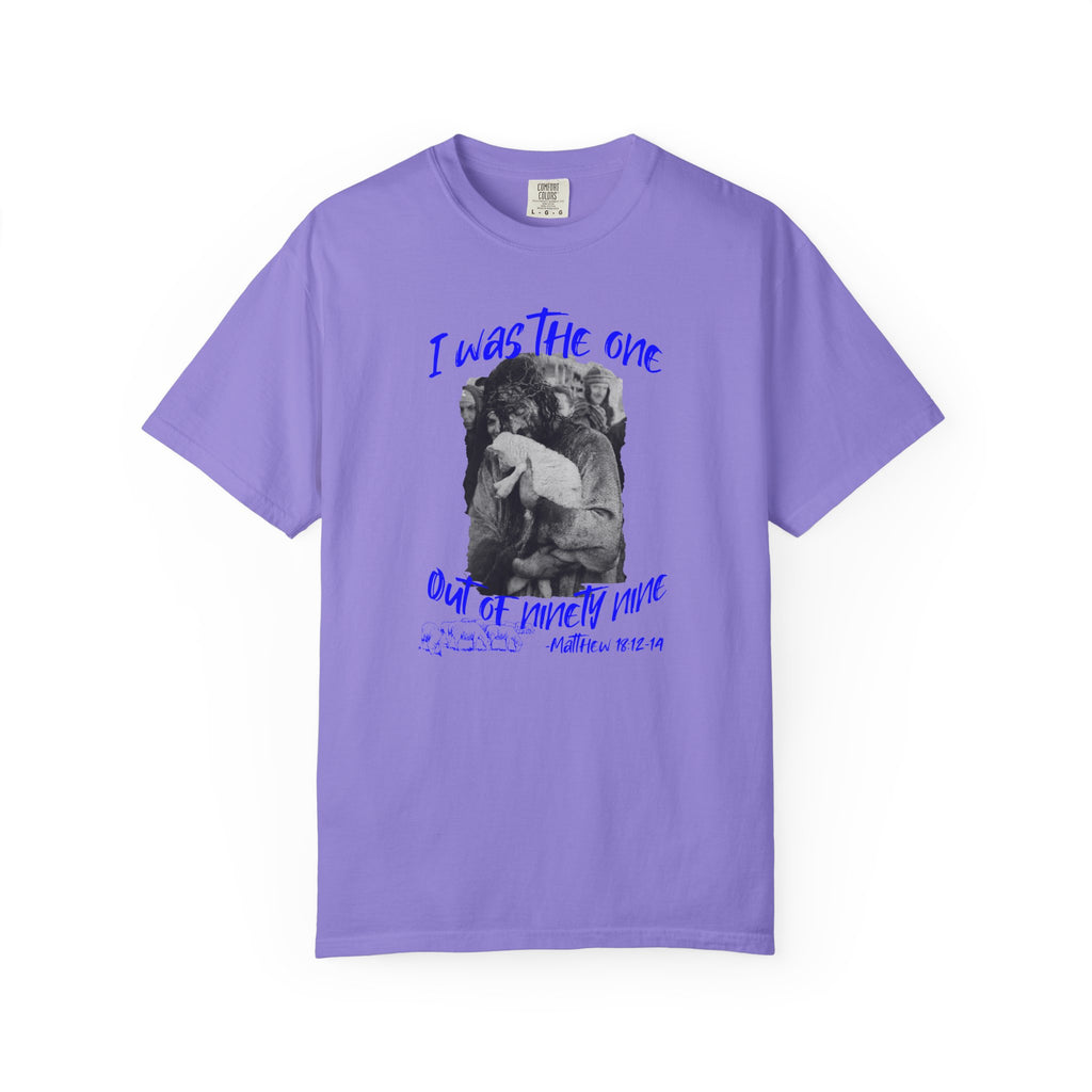 Purple t-shirt with graphic design and text on a white background