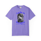 Purple t-shirt with graphic design and text on a white background