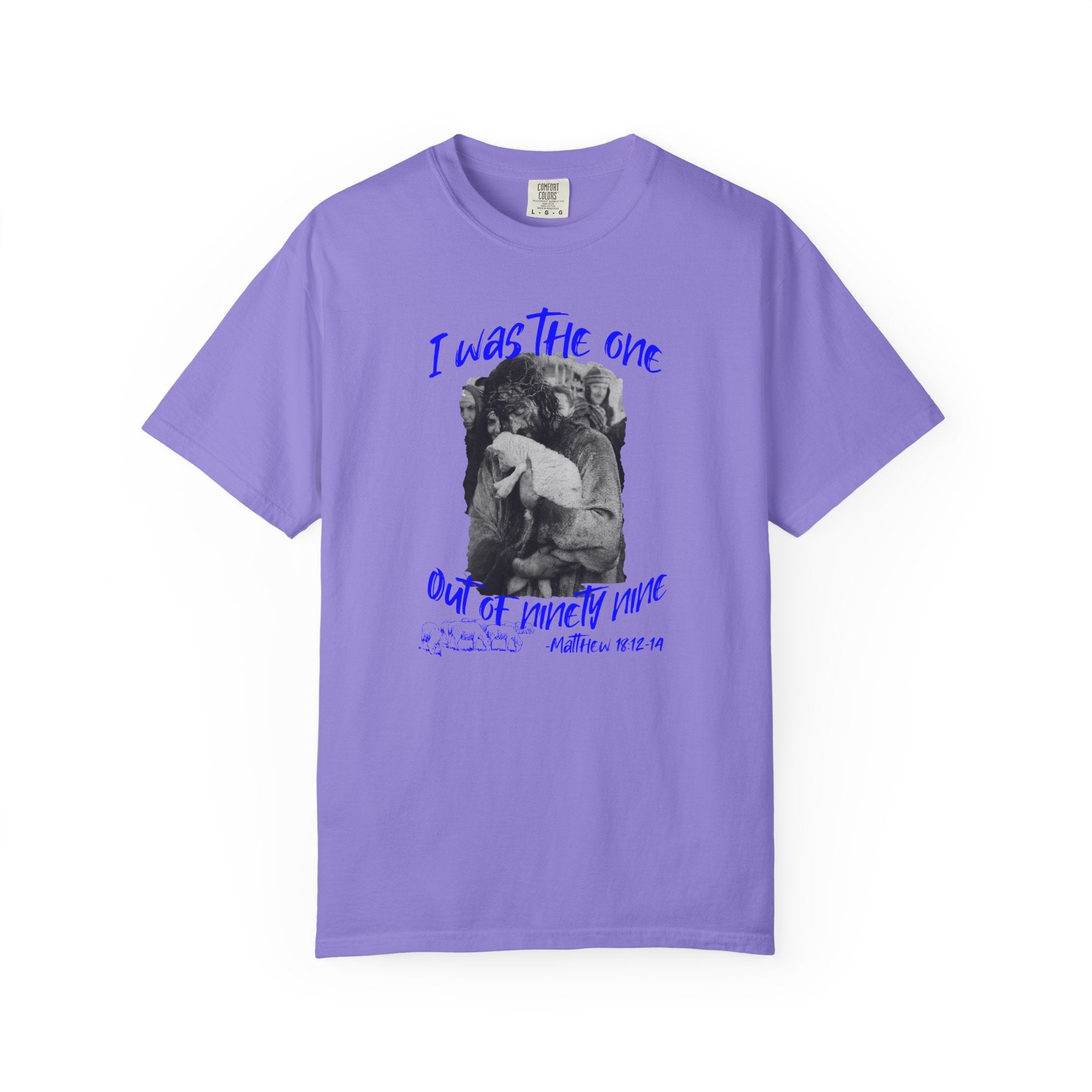 Purple t-shirt with graphic design and text on a white background