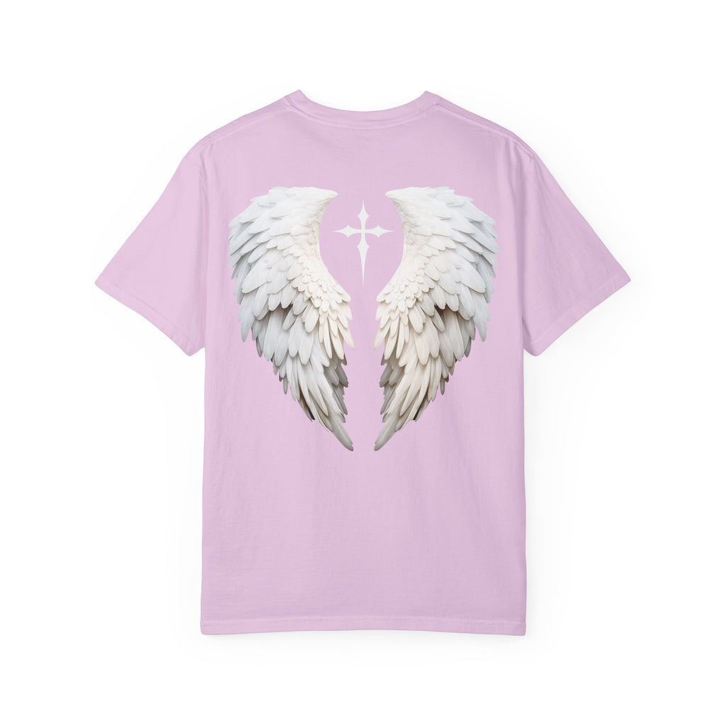 Pink t-shirt with white angel wings design on a white background