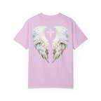 Pink t-shirt with white angel wings design on a white background