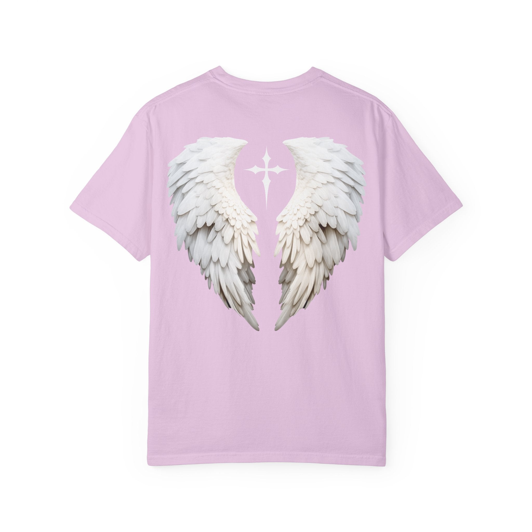 Pink t-shirt with white angel wings design on a white background