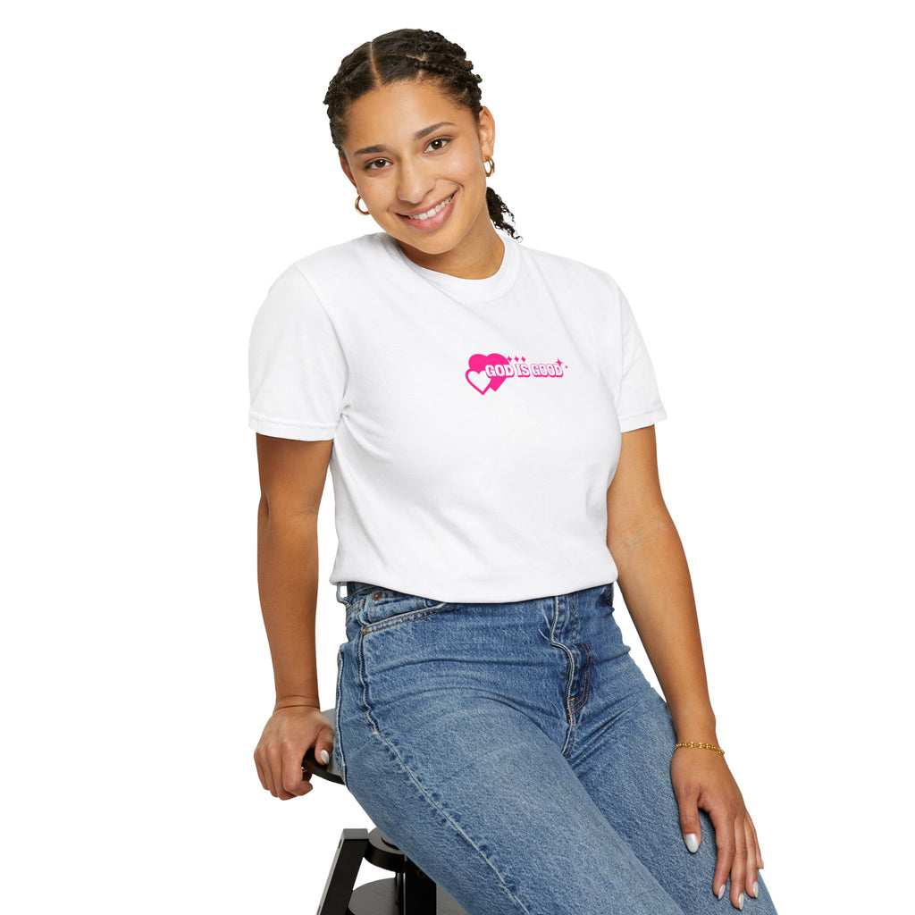 Person wearing a white t-shirt with 'Midwest Radio' text and blue jeans on a white background