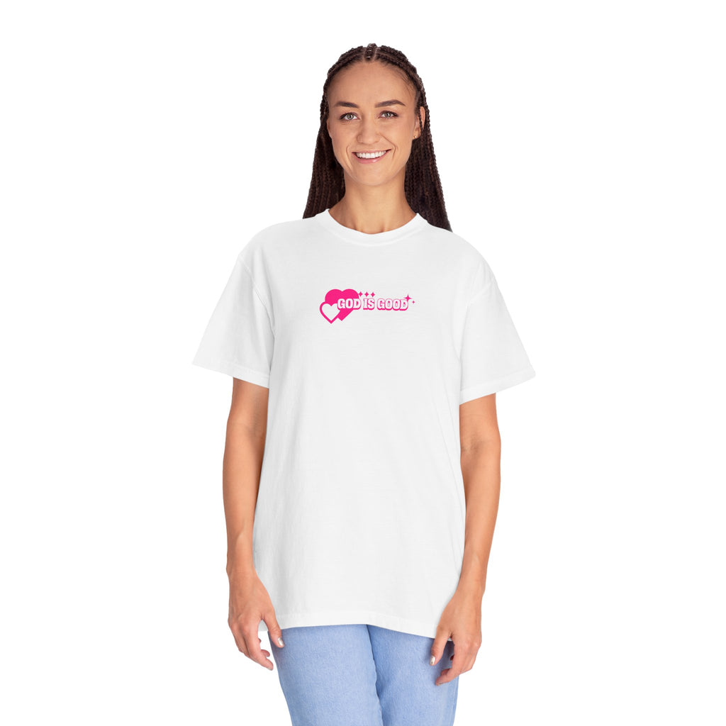 Woman wearing a white t-shirt with a pink logo on a white background