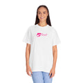 Woman wearing a white t-shirt with a pink logo on a white background