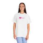 Woman wearing a white t-shirt with a pink logo on a white background