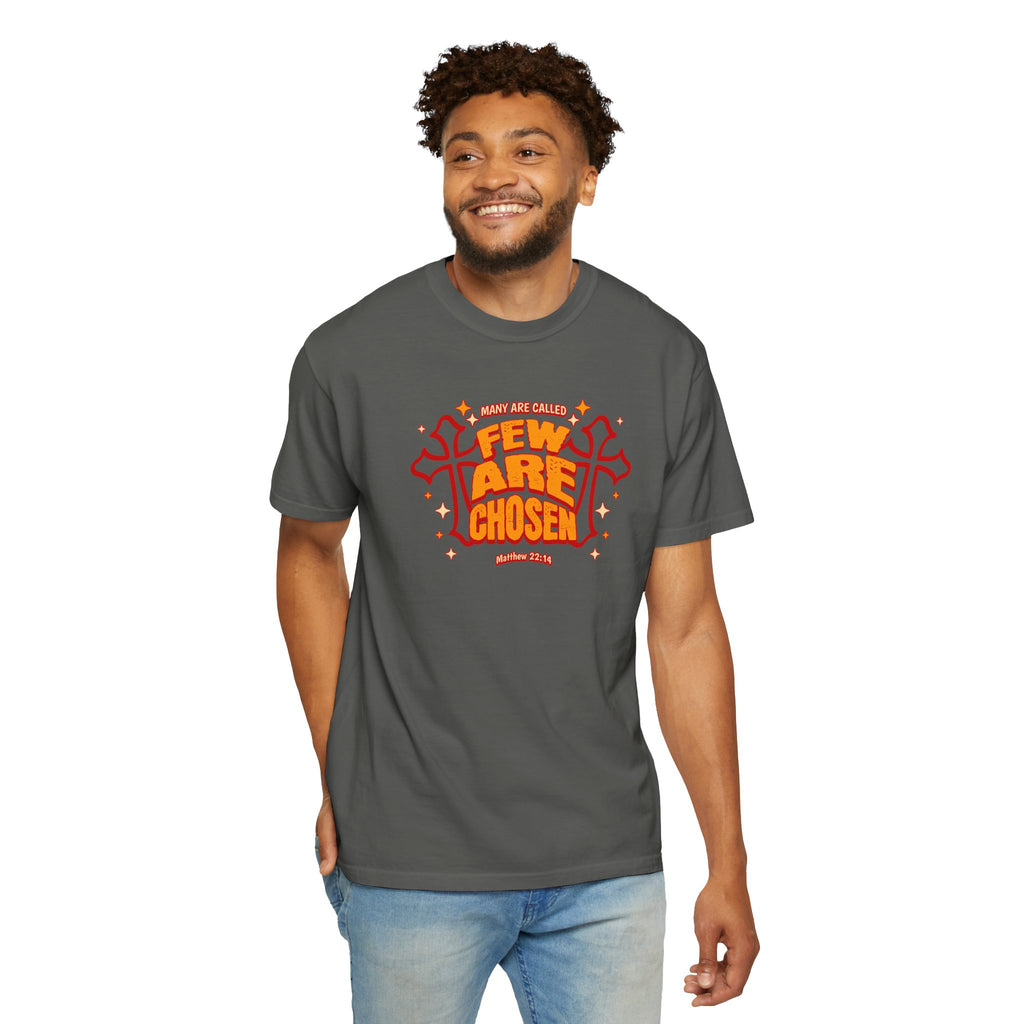 Man wearing a gray t-shirt with red and orange text on a white background