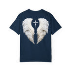 Navy blue t-shirt with white angel wings design on a white background