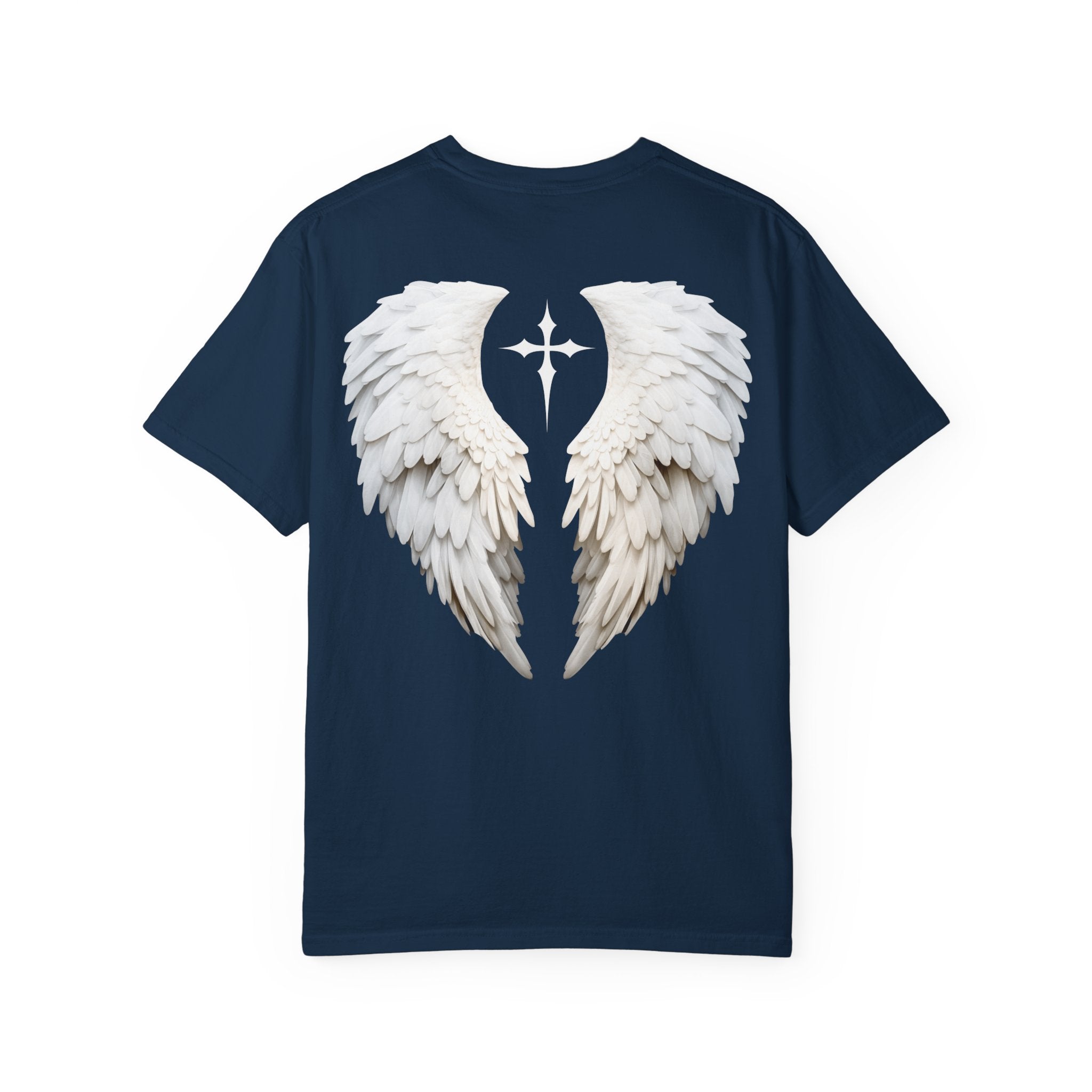 Navy blue t-shirt with white angel wings design on a white background
