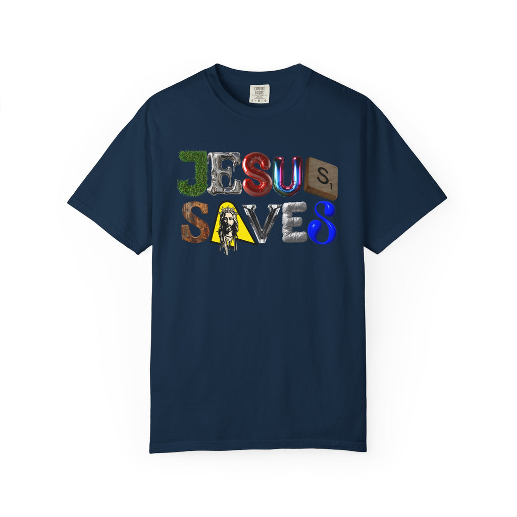 Navy blue t-shirt with 'Jesus Saves' text design on a white background