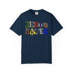 Navy blue t-shirt with 'Jesus Saves' text design on a white background