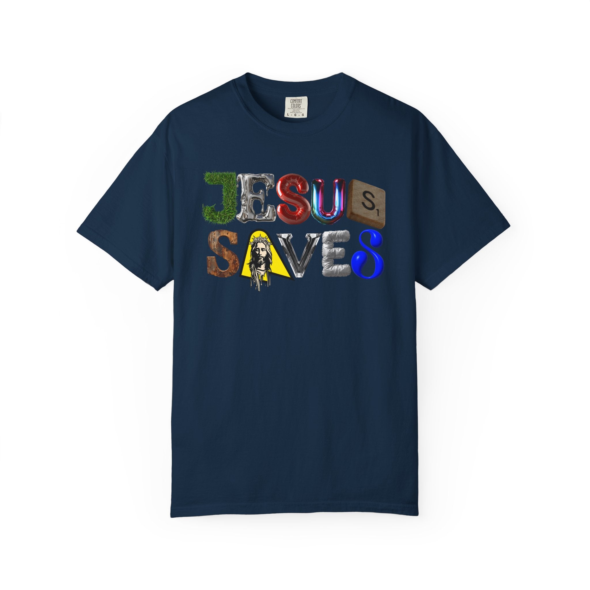 Navy blue t-shirt with 'Jesus Saves' text design on a white background
