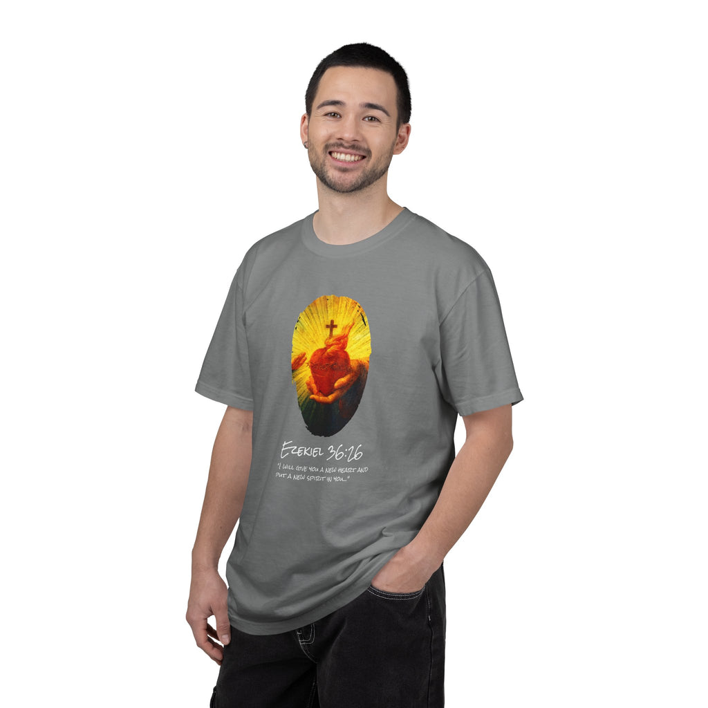 Man wearing a gray t-shirt with a graphic design on a white background