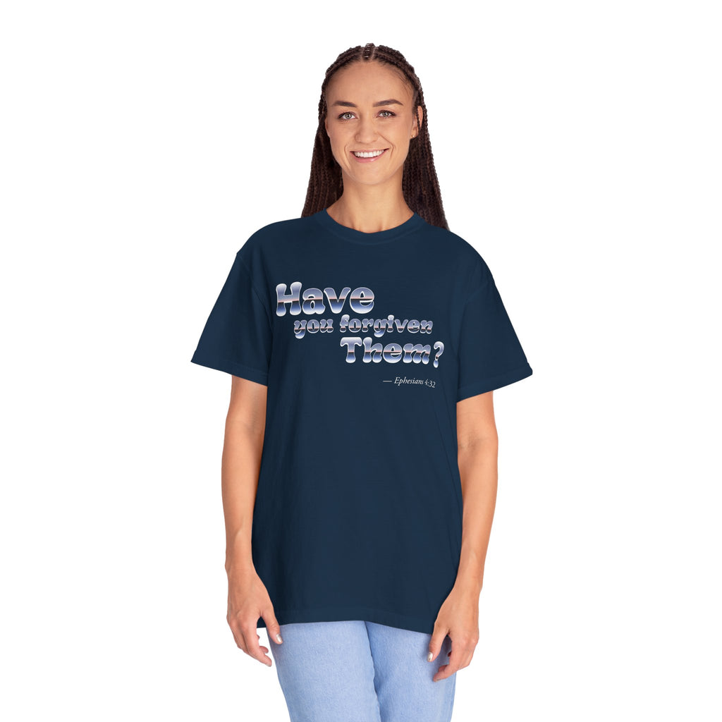 Person wearing a navy blue t-shirt with text on a white background