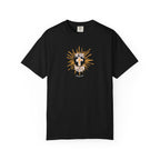 Black t-shirt with a cross and sunburst design on a white background
