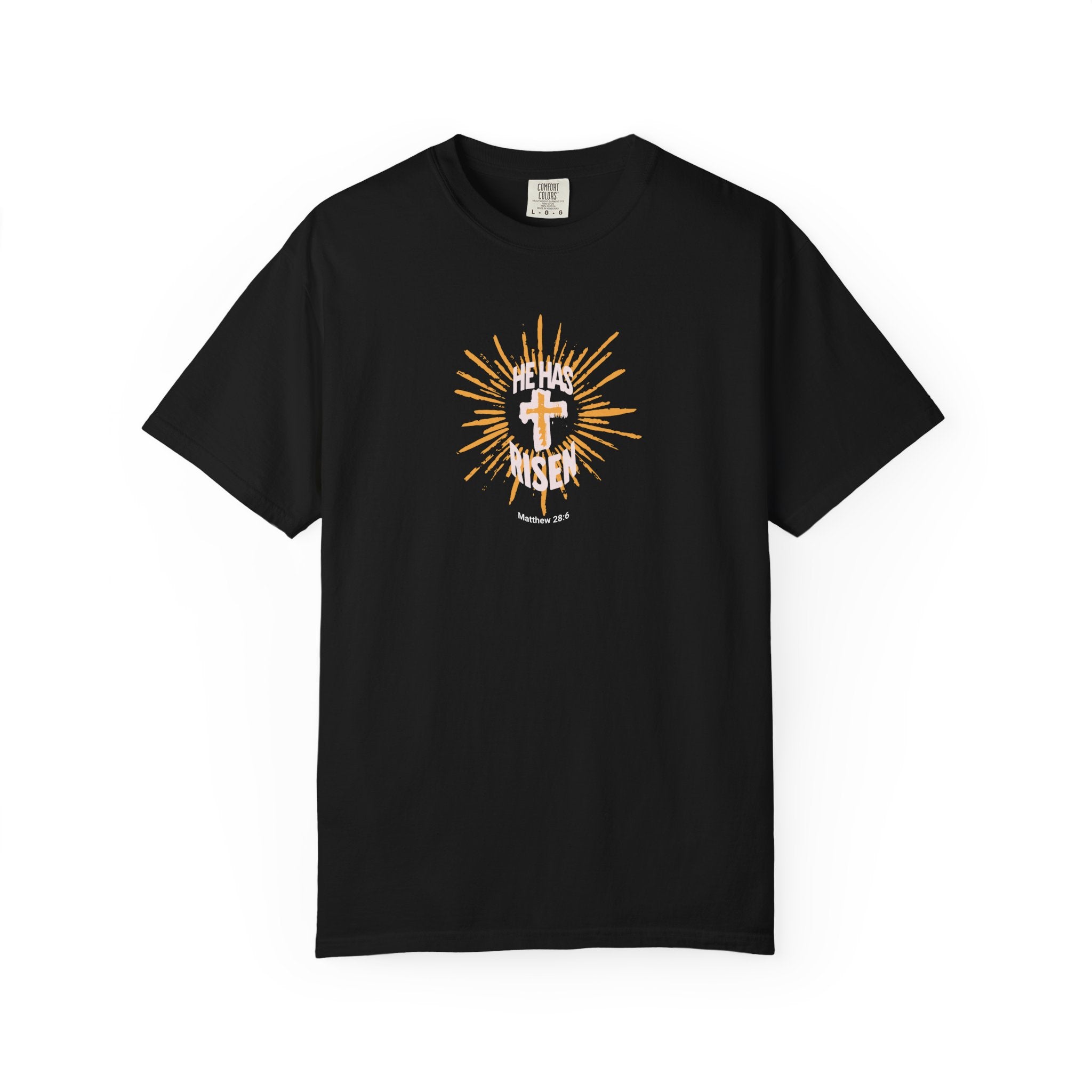 Black t-shirt with a cross and sunburst design on a white background