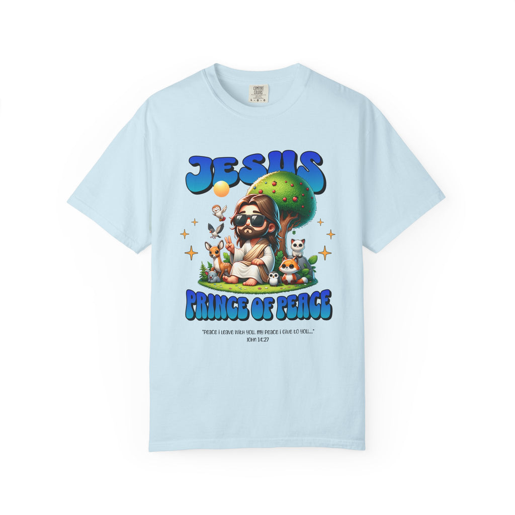 Light blue t-shirt with a colorful graphic of Jesus and animals, labeled 'Jesus Prince of Peace', on a white background.