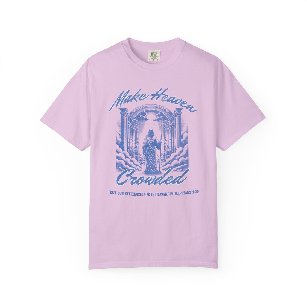 Pink t-shirt with blue graphic and text on a white background