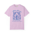 Pink t-shirt with blue graphic and text on a white background