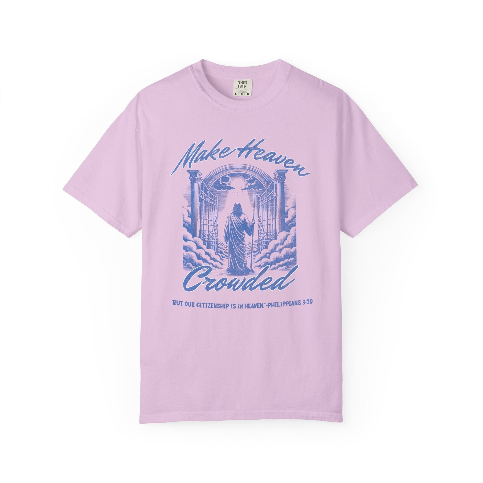 Pink t-shirt with blue graphic and text on a white background