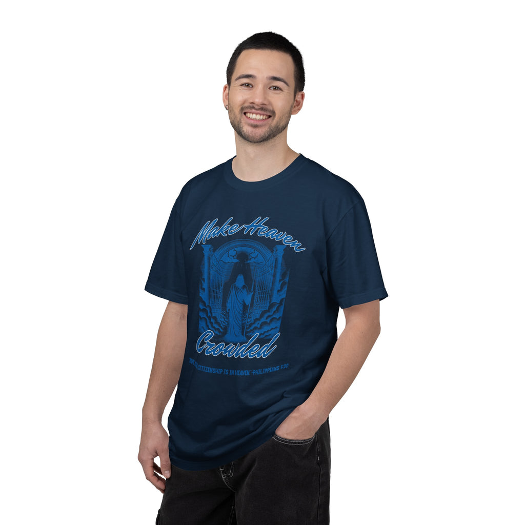 Man wearing a navy blue t-shirt with graphic design and text on a white background