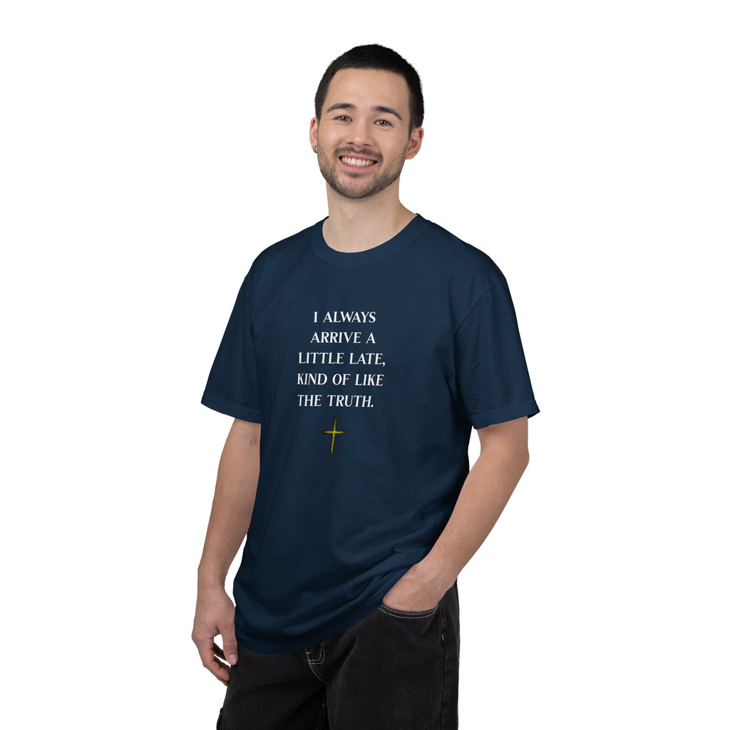 Man wearing a navy blue t-shirt with 'The Bookish Brew' design on a white background