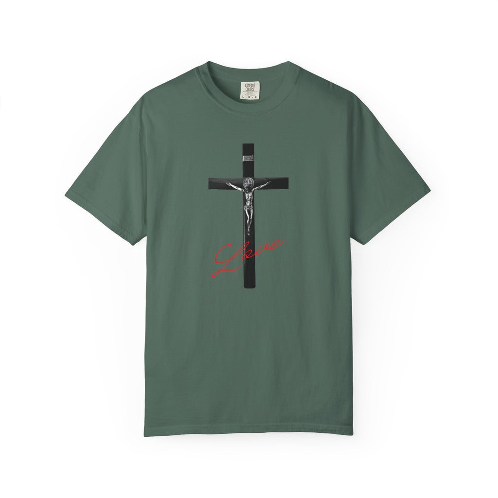 Gray t-shirt with rainbow circles and text on a white background