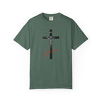 Gray t-shirt with rainbow circles and text on a white background