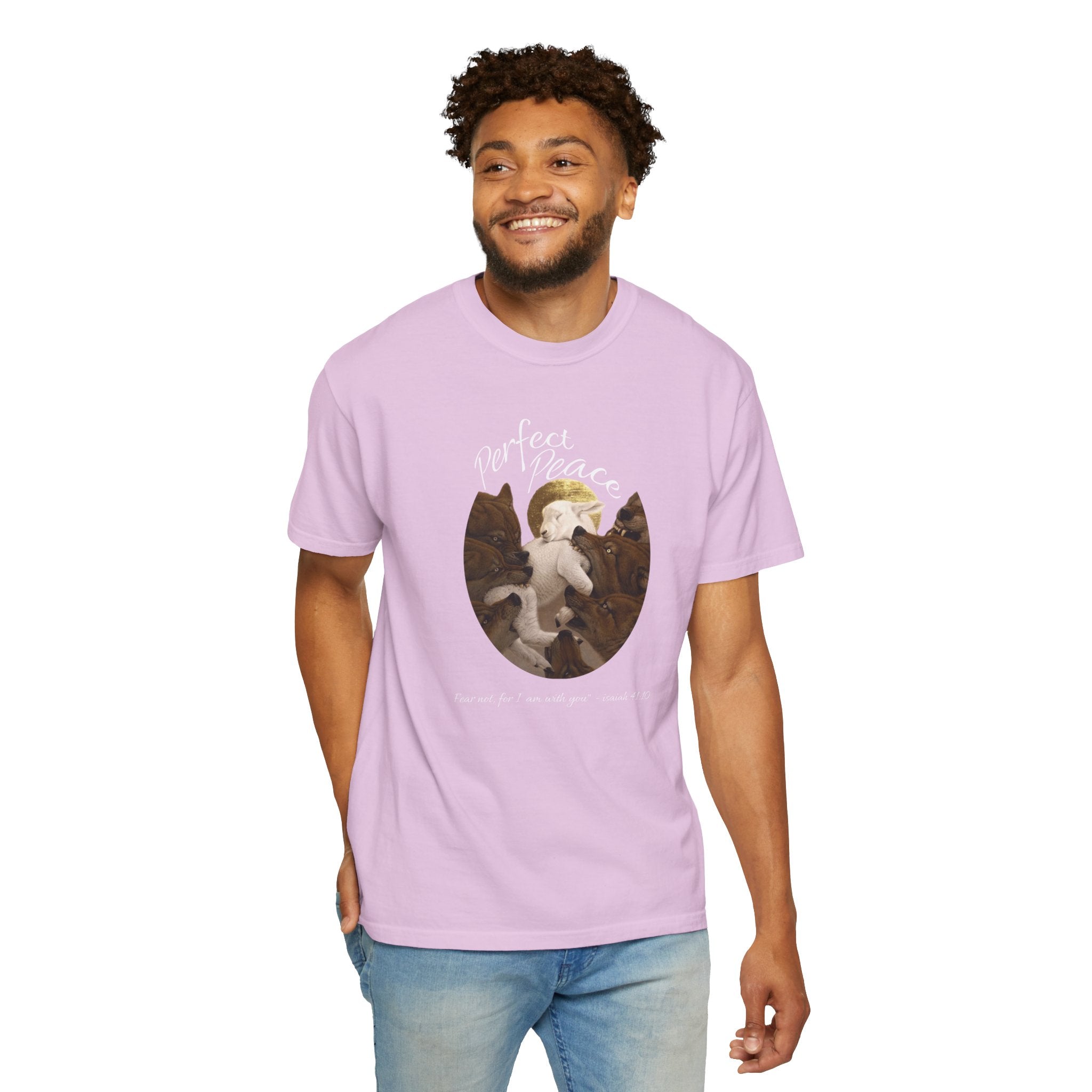 Man wearing a light purple t-shirt with a graphic design on a white background