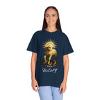 Person wearing a navy blue t-shirt with a lion graphic and 'Victory' text on a white background