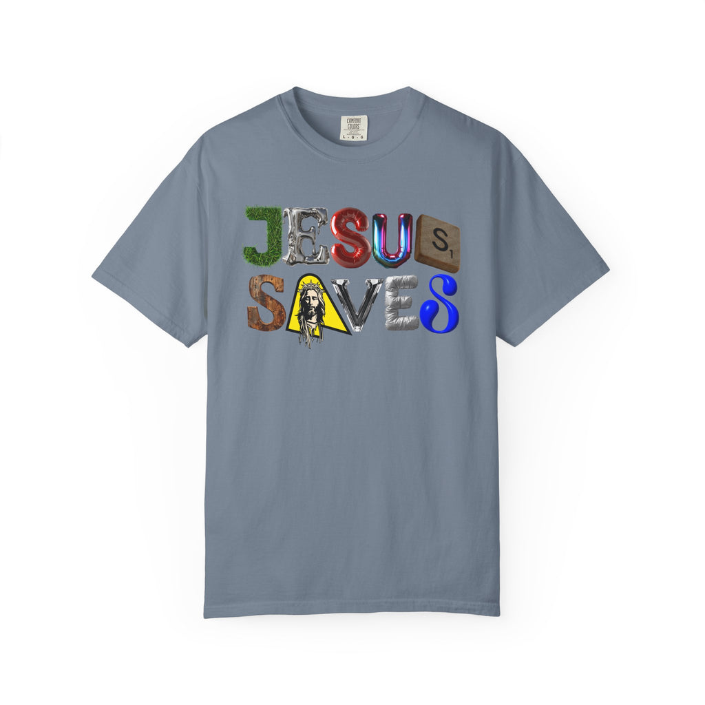 Gray t-shirt with 'Jesus Saves' text in colorful letters on a white background