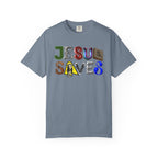 Gray t-shirt with 'Jesus Saves' text in colorful letters on a white background