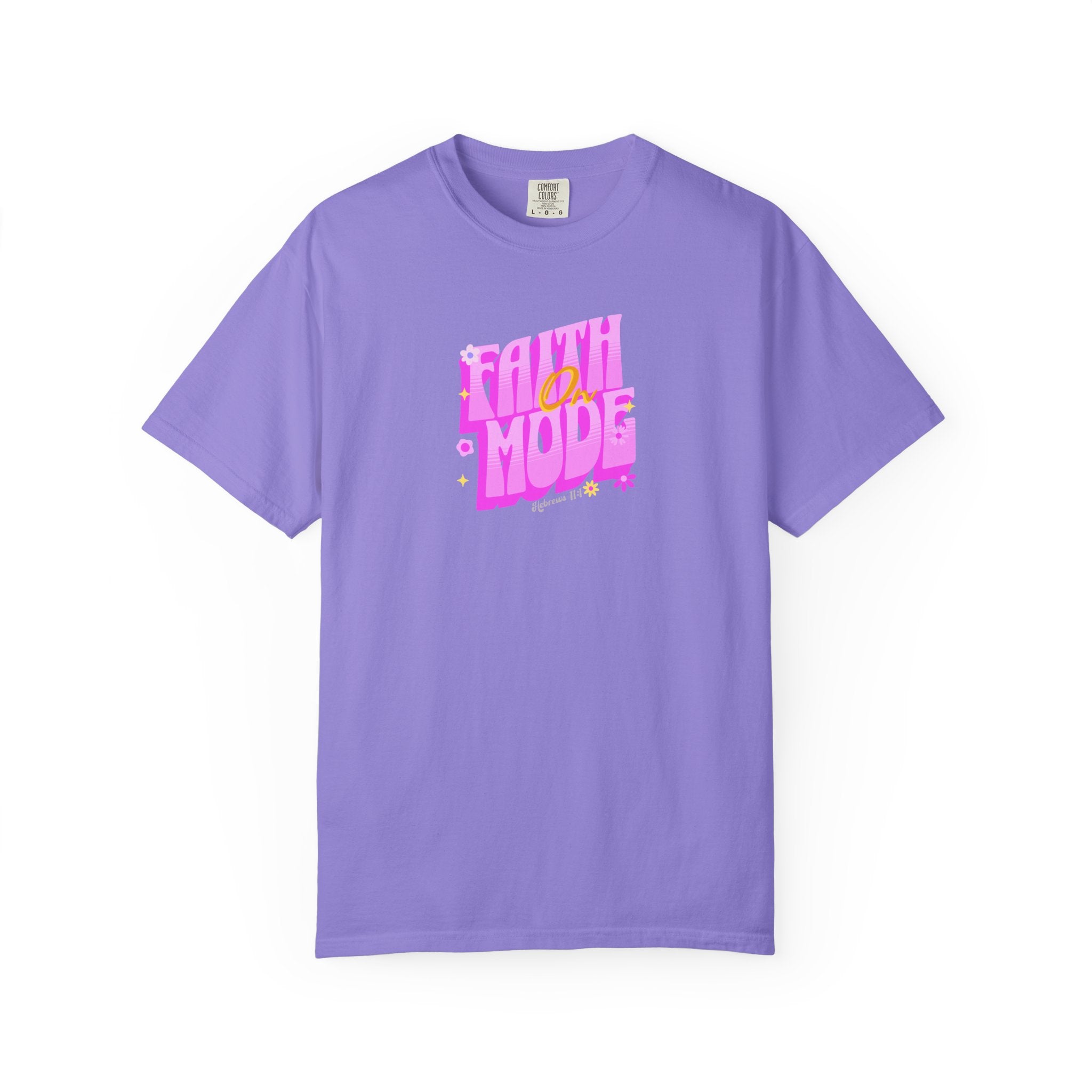 Purple t-shirt with 'Faith Mode' text on a white background