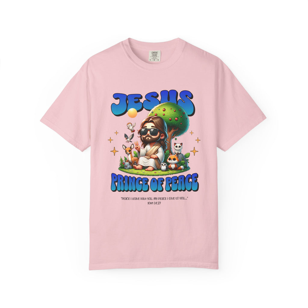 Pink t-shirt with cartoon Jesus design and 'Prince of Peace' text on a white background