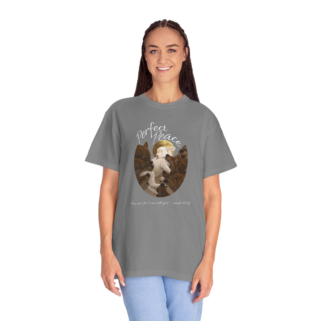 Woman wearing a gray t-shirt with a graphic design and text on a white background