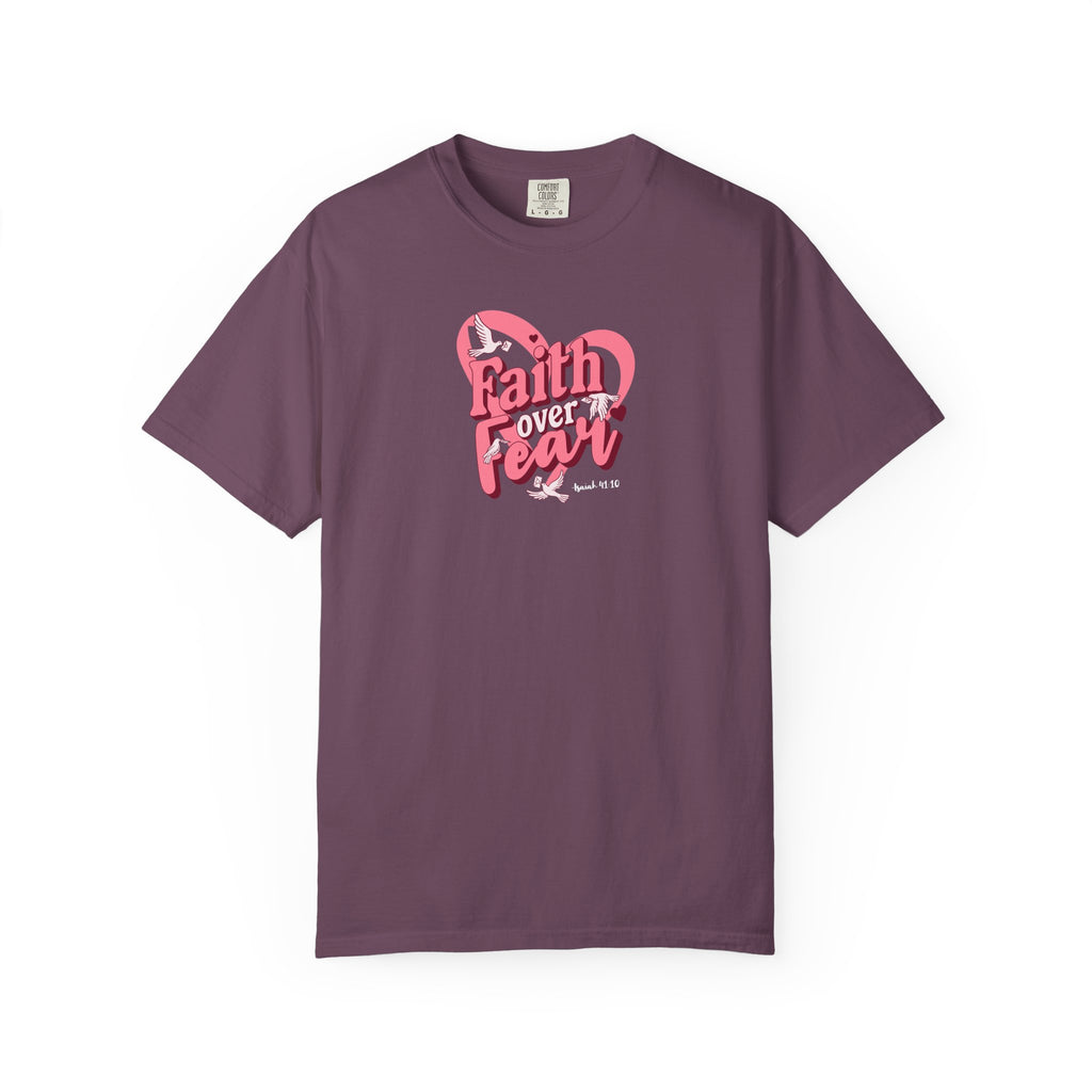 Purple t-shirt with pink graphic and text on a white background