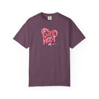 Purple t-shirt with pink graphic and text on a white background