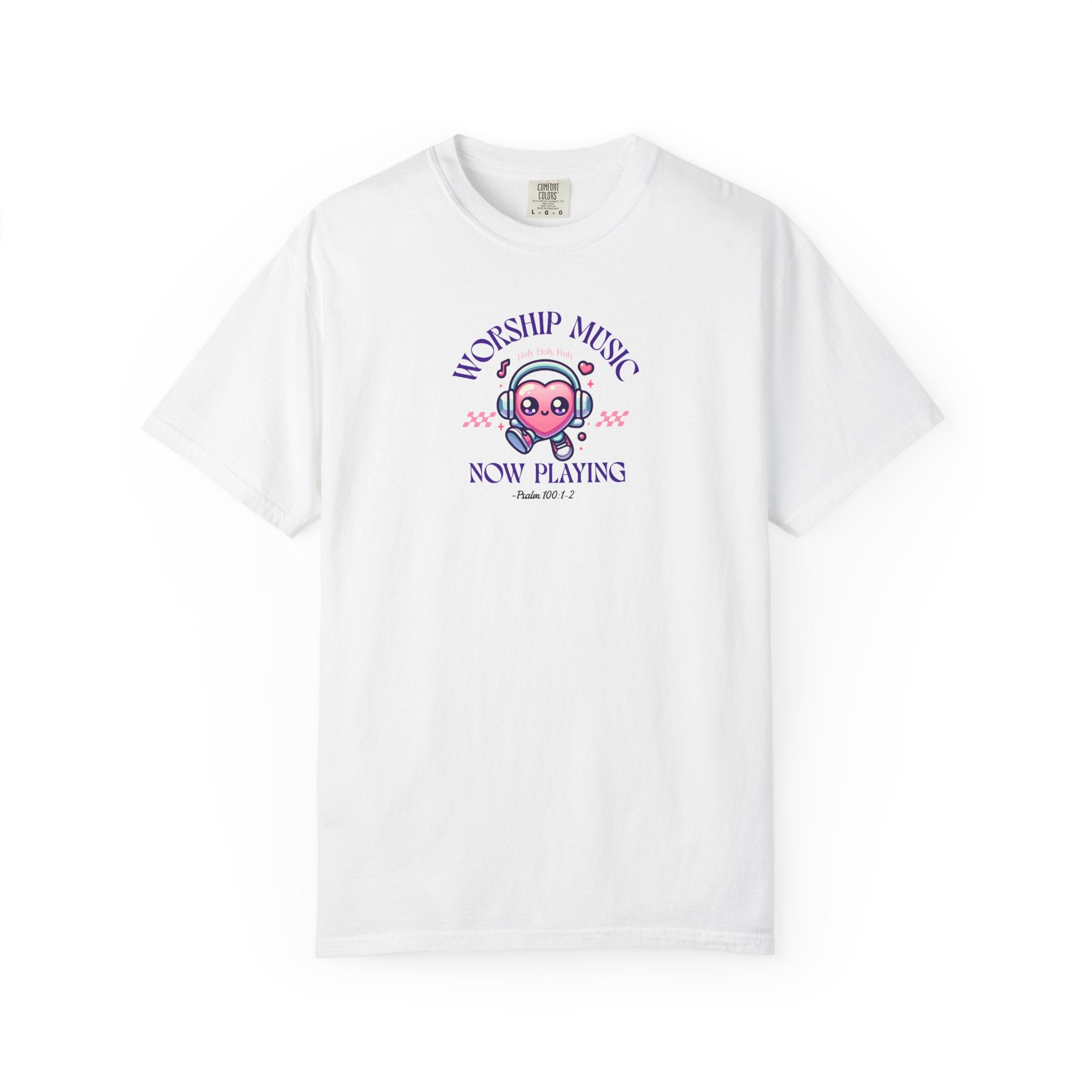 White t-shirt with graphic design and text on a white background