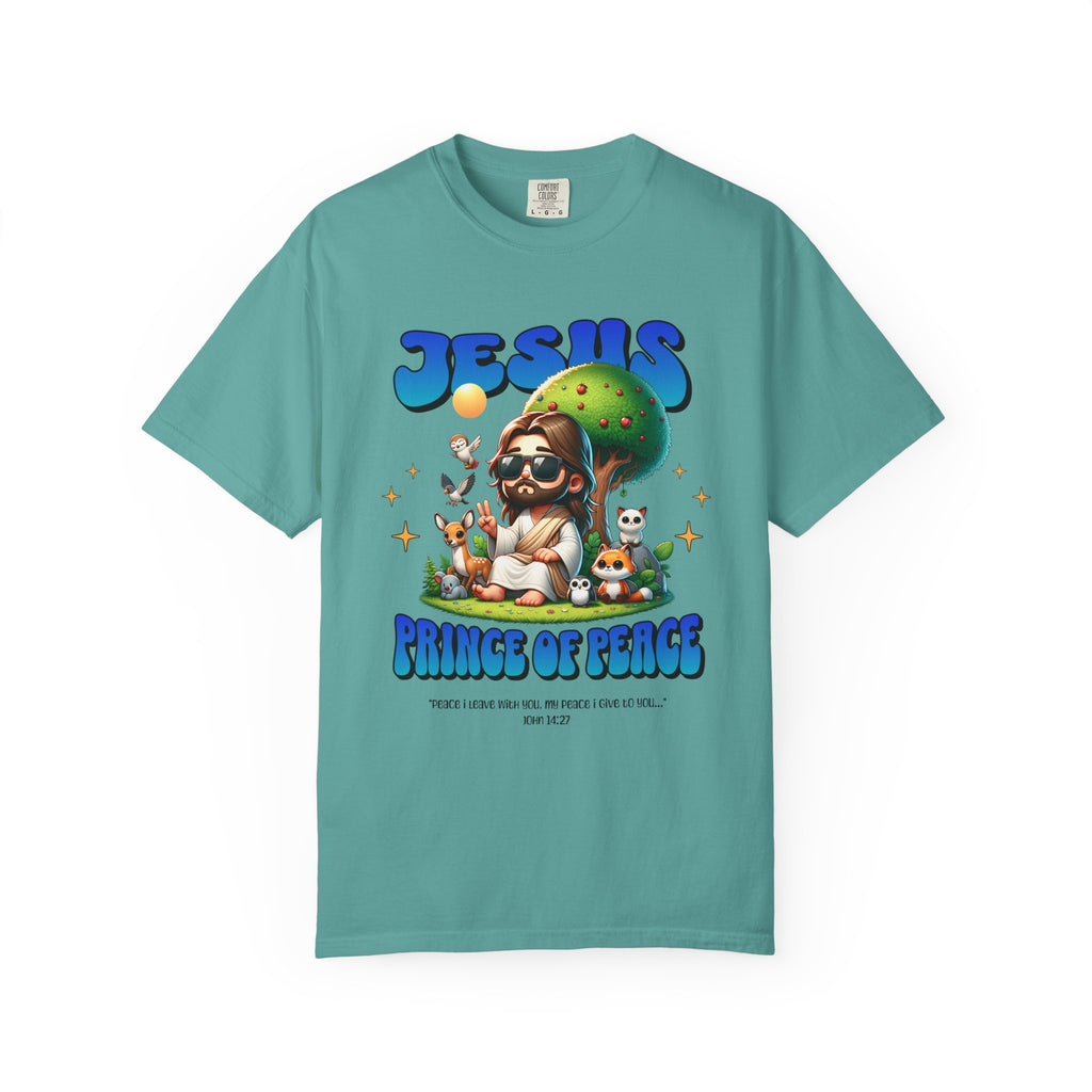 Teal t-shirt with 'Jesus Prince of Peace' graphic design on a white background