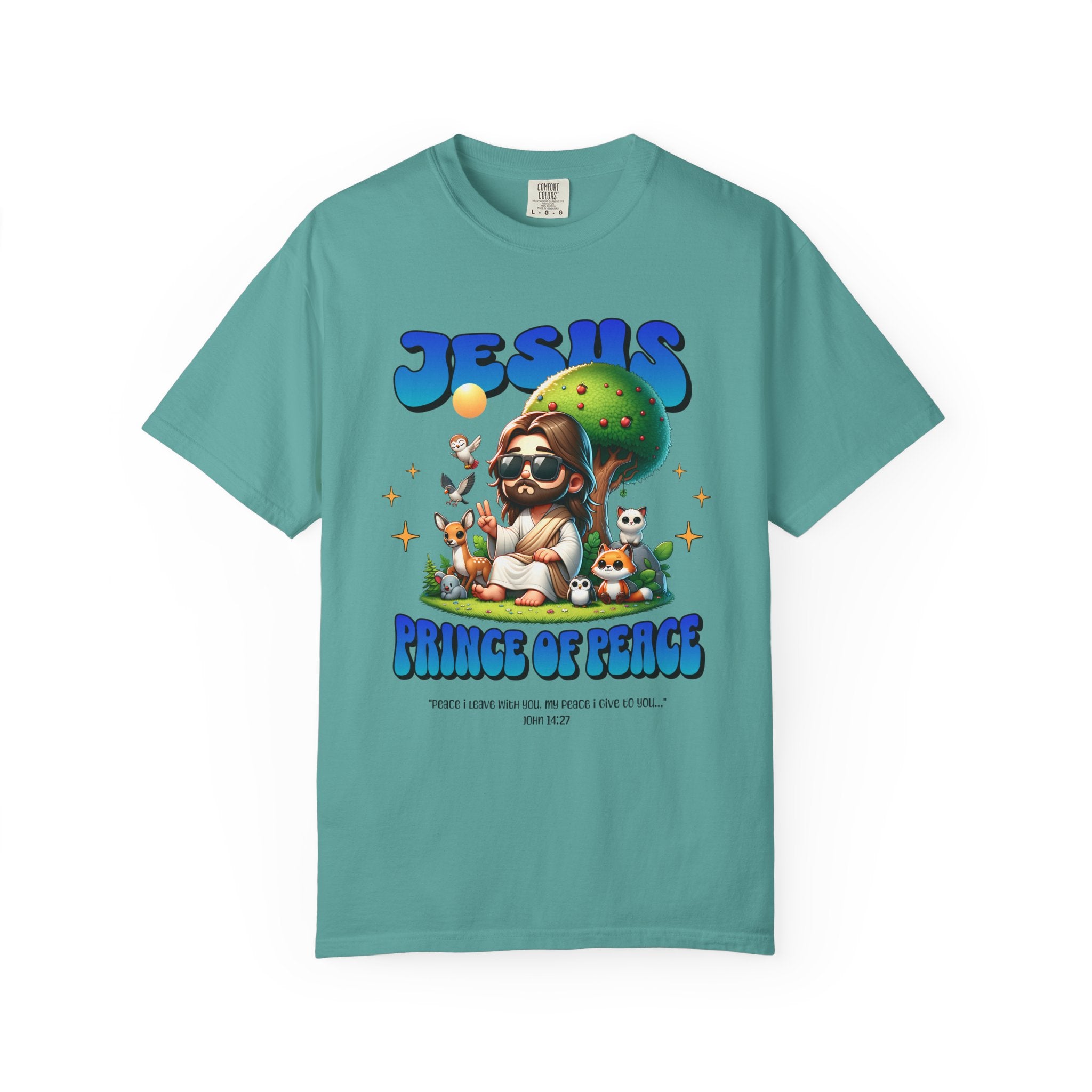 Teal t-shirt with 'Jesus Prince of Peace' graphic design on a white background