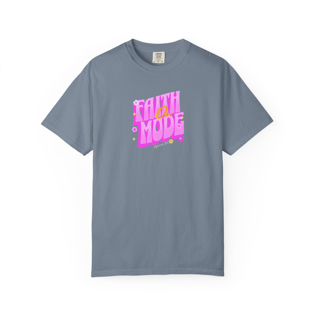 Gray t-shirt with pink and yellow text on a white background