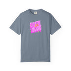 Gray t-shirt with pink and yellow text on a white background