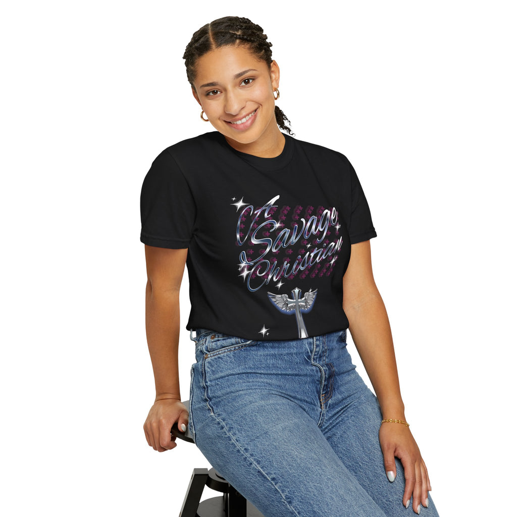 Person wearing a black t-shirt with 'Savage' design and blue jeans on a white background