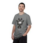 Man wearing a gray t-shirt with a 'Bad Knee Club' graphic design on a white background
